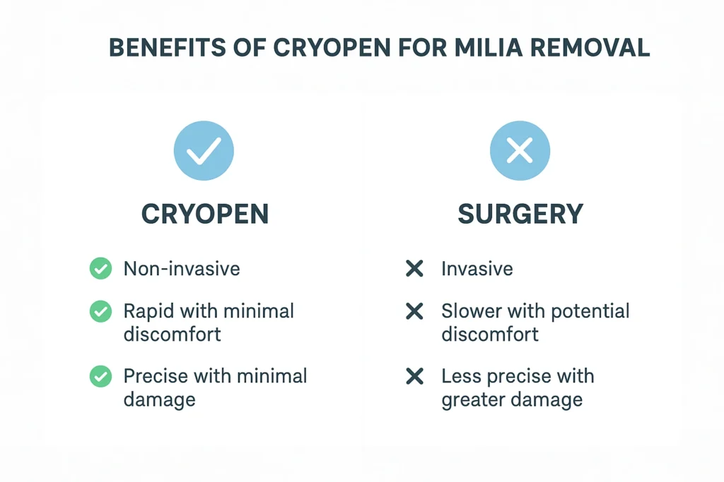 Benefits of cryopen for milia removal Brighton and Hove compared to surgical treatments.