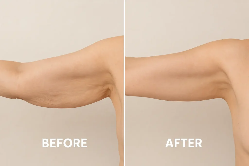 Picture of LA LIPO Brighton and Hove before and after results of skin tightening treatment on the upper arms.