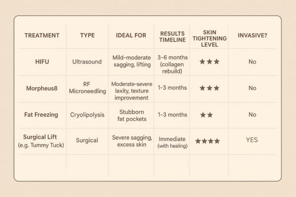 Table showing the comparisons of Skin tightening Brighton and Hove treatment options. 